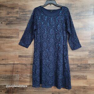 Tiana B Sequins Floral Lace Midi Dress 16 W Navy Dark Coquette Ethereal